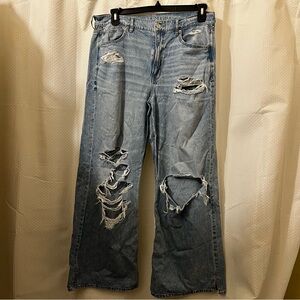 American Eagle Jeans Super High Rise Baggy Wide Leg Heavily Distressed 12 Short